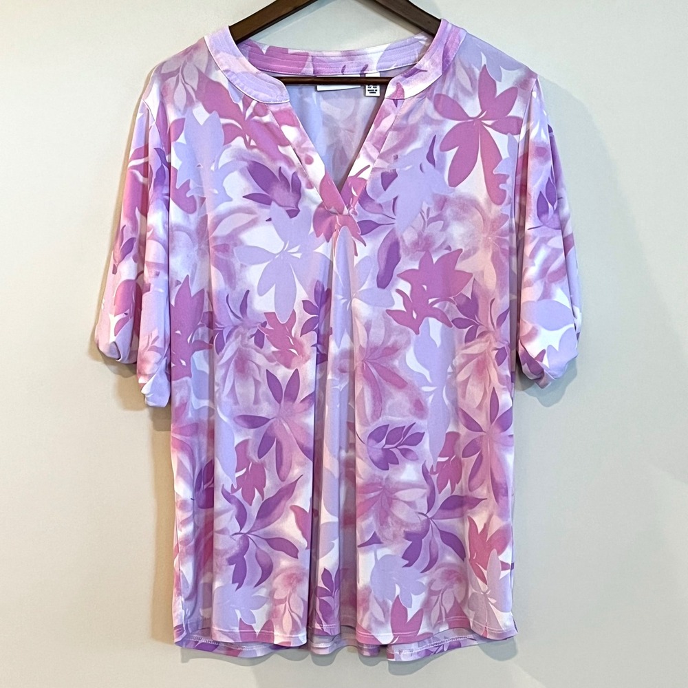 Susan Graver Purple Floral Liquid Knit Split V-Neck Tunic Top Plus Size 1X